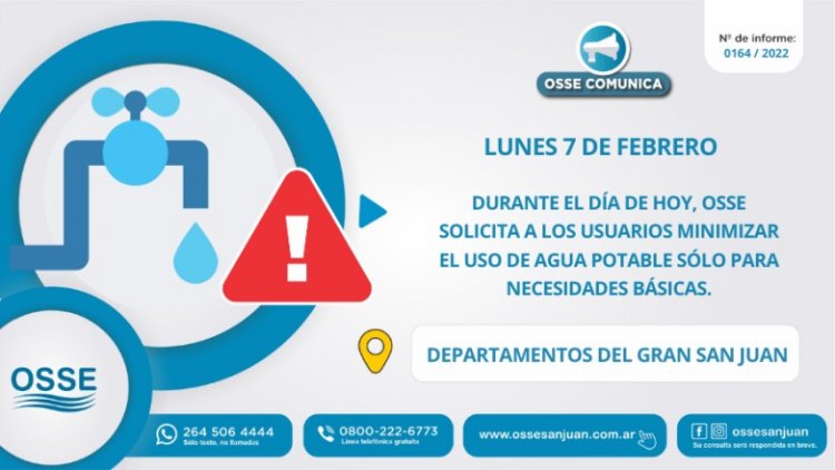 OSSE solicita minimizar el uso de agua potable durante este lunes