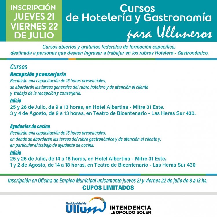 Dictarán cursos de Hotelería y Gastronomía para Ulluneros