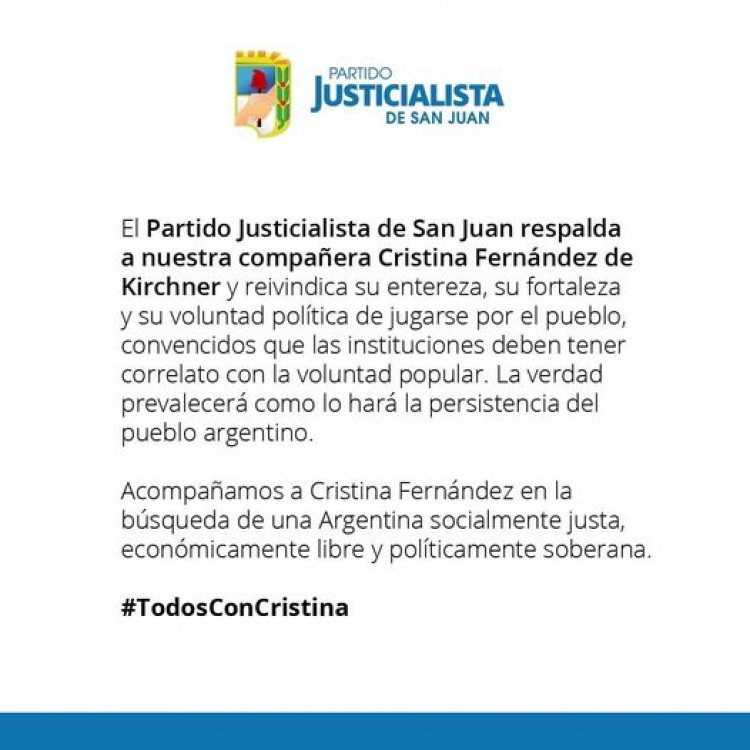 El PJ sanjuanino expresó su apoyo a la vicepresidenta después de la condena