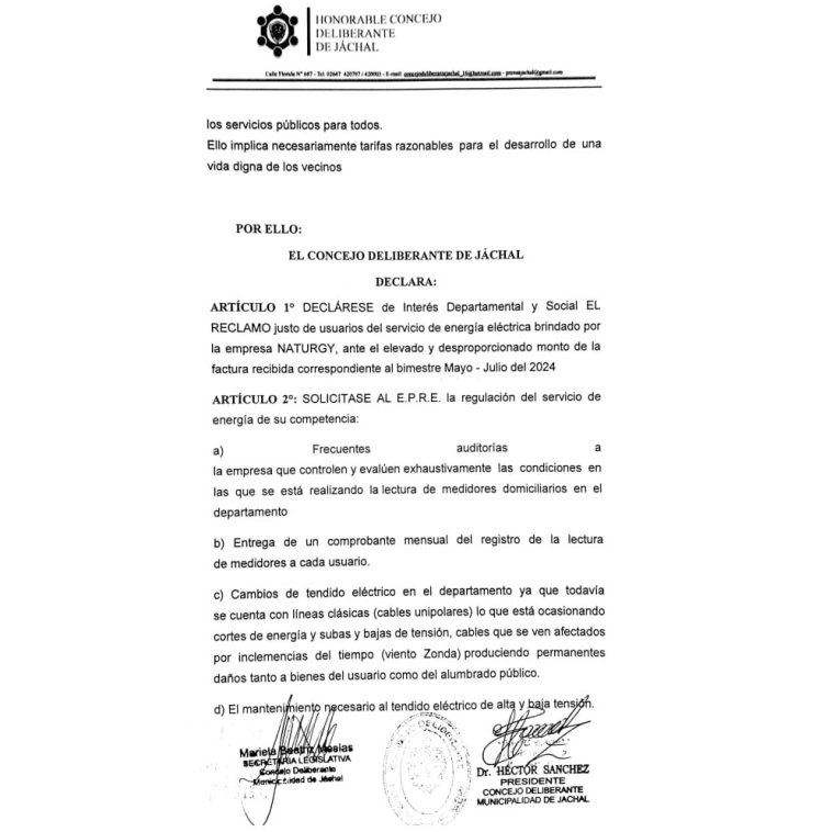 El Concejo Deliberante de Jáchal declaró de interés Departamental y Social el reclamo por las tarifas de energía